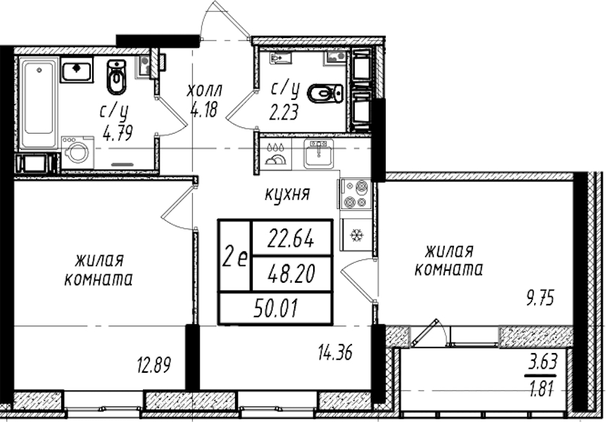 2-комнатная квартира 50.01 м², 7/16 эт., ЖК «Северная Долина»